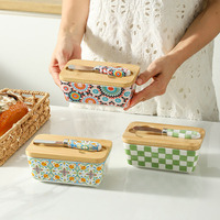 Mantequillera de Cerámica Rústica Creativa con Tapa de Madera Pintada a Mano, Hermética, Estilo Vintage para Cocina