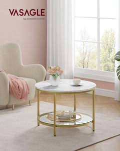 <span class=keywords><strong>Table</strong></span> <span class=keywords><strong>basse</strong></span> <span class=keywords><strong>VASAGLE</strong></span> à 2 niveaux, plateau en faux marbre, étagère en verre, style moderne, salon, marbre blanc, or pâle - Product Image 2