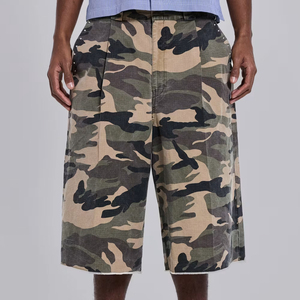Shorts Bermuda Homme en Coton Épais Ripstop Camouflage, Plissés en Toile à Bords Bruts, Décontractés avec Braguette Boutonnée - Product Image 4