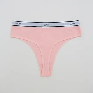 Hot Selling Custom Logo Sexy Cotton Women Panties Ribbed Summer T Back High Cut Ladies Thongs Low Rise Women Briefs Underwear