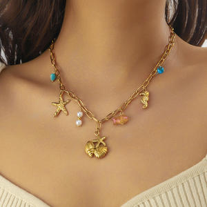 Collar con Múltiples Colgantes de Acero Inoxidable Chapado en <span class=keywords><strong>Oro</strong></span> de 18K, Sol, Luna, Animales Marinos, Borla Floral, Joyería para Mujer - Product Image 3