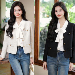 Women's Blazer Solid Color Polyester Woven Jacket With Bow Tie Design For Autumn Winter 2025 Fashionable Early Spring Top - Product Image 1