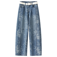Pantalon large à fleurs, bleu imprimé, élastique, coupe droite, jean large pour femmes