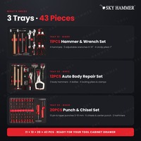 Kit d'outils de frappe de 43 pièces avec inserts en mousse EVA, marteau de carrossier, marteau de démolition, pince de serrage, poinçon à goupilles, ciseaux pour chariot à roulettes