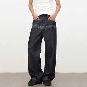 Jeans de <span class=keywords><strong>Hombre</strong></span> Lisos con Bordado de Notas Musicales Estilo Retro Americano - Pantalones de Corte Recto Holgado en Forma de A - Product Image 1