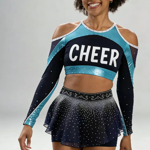 Uniformes de Animadoras Personalizados al por Mayor para Niñas, Conjuntos de Uniformes de Animadoras All Star Elite, Spandex Negro con Pedrería, Diseño OEM Estampado, Traje de Entrenamiento - Product Image 1