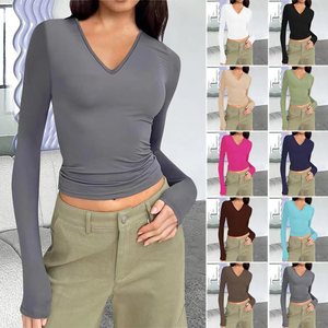 T-shirt court respirant pour femme, col en V, manches longues, coupe ajustée, en Spandex, couleur unie, décontracté, avec logo brodé, pour l'automne, l'hiver et l'été - Product Image 2