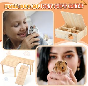 Plateforme en bois naturel pour hamster et cachette multi-chambres, tunnel <span class=keywords><strong>labyrinthe</strong></span> à couvercle rabattable, accessoires de cage, décor de habitat pour petits animaux - Product Image 6