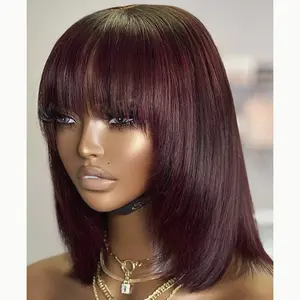 100% טבעי שחור קצר בוב פאה עם פוני לנשים שחורות, שיער ברזילאי לא מעובד רמי ישר שיער טבעי שוליים בסגנון בוב Cut פאות