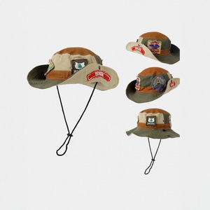 Sombrero de Pescador Retro con Parches, Verde Militar, de Algodón Transpirable, Protección Solar, para Viajes, Senderismo, Camping, Plegable - Product Image 1