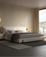 Lit en cuir véritable de luxe nordique avec tête de lit réglable et fine, tiroir et coffre de rangement, lit double pour petite chambre
