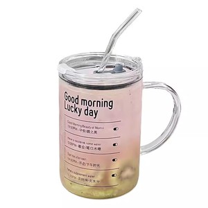 Grande tasse à boire en verre de grande capacité avec couvercle, poignée et paille pour le bureau, la maison et les voyages, tasse à eau de couleur unie - Product Image 5