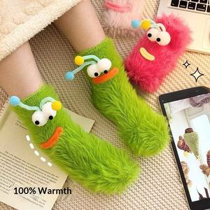 Chaussettes mi-mollet en peluche épaisses en acrylique jacquard pour couple, série de dessins animés drôle de la chenille, pour jeunes femmes, hiver, maison, sol, sommeil, chaudes - Product Image 2