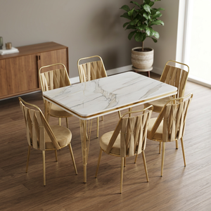 Modern Marble Top <b>Dining</b> <b>Table</b> Set with Gold Frame and Slat Back Chairs 6 Piece - Product Image 1