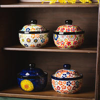 Petite cocotte en céramique peinte à la main, style rétro, motif floral, pot à soupe domestique avec couvercle, pot à double fond, pour œufs à la vapeur et crème anglaise
