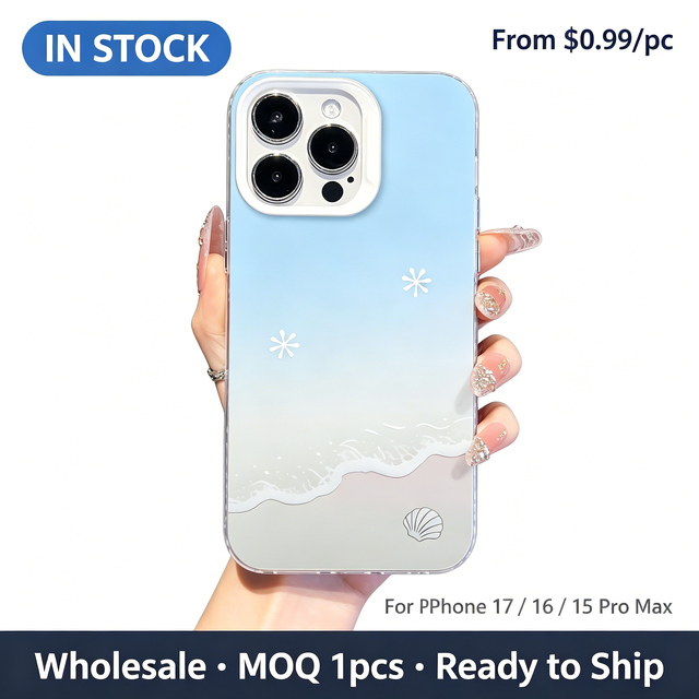 Light Blue Gradient Beach Wave & Shell Print Clear TPU Case, Soft Aesthetic Cover for iPhone 17 16 15 14 13 Pro Max