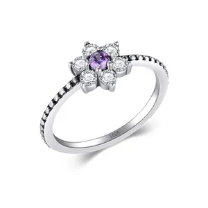 新产品复古风格纯银925镀铑紫色锆石花永恒戒指