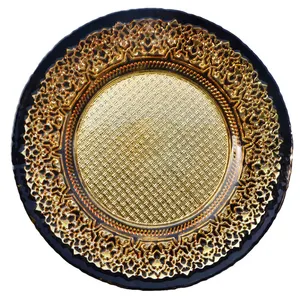 Yunzhifan düzensiz 33 cm siyah ve altın cam plaka yuvarlak kabartma batı yemek tabağı