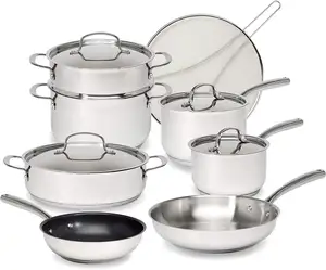 AMKitchenware 7 piezas de utensilios de cocina de acero inoxidable con tapa de vidrio olla y sartén de acero inoxidable