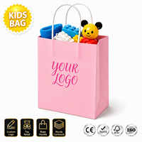 Sacs cadeaux personnalisés KM avec logo rose, poignée en corde torsadée, pour jouets d'enfants, sacs à soufflets en carton pour fêtes d'anniversaire