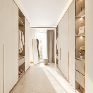 Dressing intégré moderne sur mesure avec zones de suspension, rangements à tiroirs, meuble-lavabo intégré et support pour croquis - Product Image 5