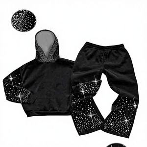 2026 Custom Design Rhinestone Streetwear Hoodie <b>Jogger</b> Set | Two Piece Solid Heavyweight Bling Tracksuit | Unisex Crystal Sweat - Product Image 1
