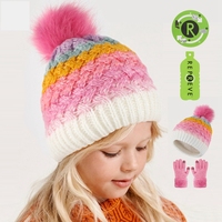 Ensemble deux pièces bonnet et gants en tricot pour enfants d'hiver à pompon tendance Dégradé de couleurs Plus polaire Bonnet chaud pour enfants