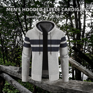 High Quality Custom <b>Men</b> Fleece-Lined Striped Hooded <b>Cardigan</b> Winter Full-Zip Breathable Knit Anti-Pilling Polyester In-Stock - Product Image 2