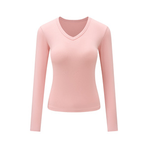 เสื้อยืดแขนยาวคอวีสีพื้นสำหรับผู้หญิง ผ้าฝ้าย 91.5% สแปนเด็กซ์ 8.5% น้ำหนัก 230GSM ทรงเข้ารูป สไตล์ลำลอง เสื้อยืดพื้นฐานสำหรับสุภาพสตรี - Product Image 4