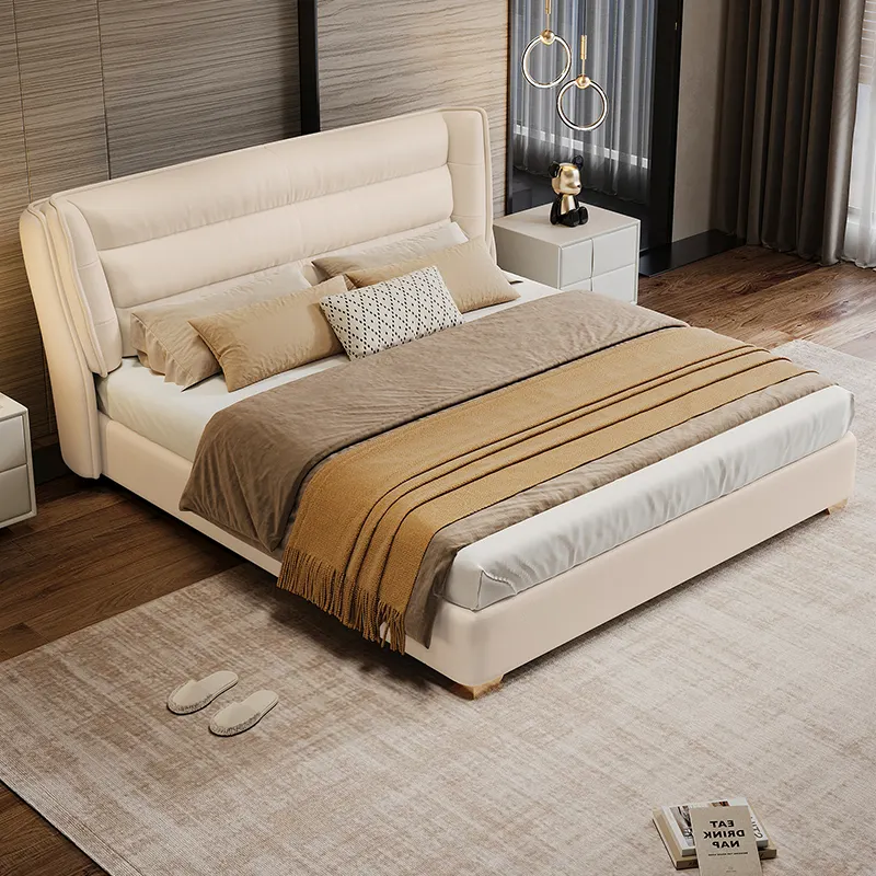 Cama king size moderna y minimalista, camas enfundadas, muebles de dormitorio, cama de matrimonio de lujo