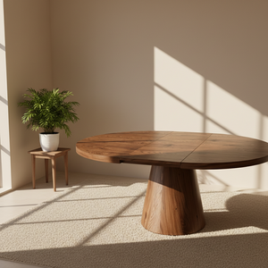 <span class=keywords><strong>Table</strong></span> à <span class=keywords><strong>manger</strong></span> extensible ronde au design minimaliste en bois, base conique en MDF en noyer, 120-160 cm, pour salon ou hôtel - Product Image 1