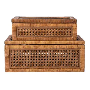 Caja de madera de ratán antigua de gran oferta, caja de almacenamiento de exhibición de bambú de mimbre de caña tejida Natural Bohemia creativa con tapa de vidrio