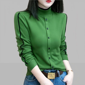 Plus Size Women's Turtleneck Long Sleeve Knitted Shirt Black Coffee Gray Autumn Yellow Orange Green ZY-9501 Splicing Design - Product Image 4