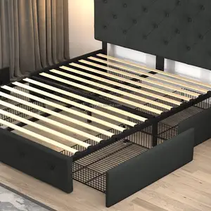 מסגרת מיטה יוקרתית מחיר מפעל קווין סייז ראש מיטה מצופה בד רך מיטת אחסון מרופדת עם 4 מגירות