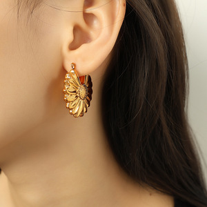 Flower Petal Drop Earrings 18K Gold Plated <b>Titanium</b> Steel Exaggerated Design Hollow Everyday Wear EH708 - Product Image 4