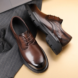 New men's leather shoes for business formal wear, British style wedding shoes, thick-soled, full-length <b>toe</b> genuine leather - Product Image 1
