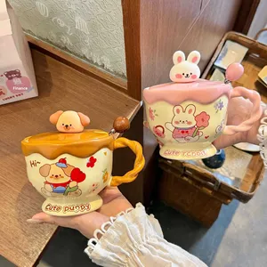 Cartoon Bunny <b>Mug</b> with Lid and Spoon Cute Ceramic High Temperature Resistant Large Capacity for Girls & Children - Product Image 3