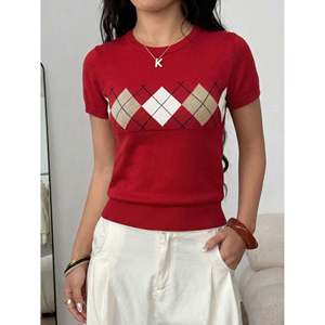<b>Argyle</b> Contrast Short Sleeve <b>Sweater</b> Women's Burgundy Knit Top - Product Image 3