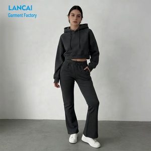 High Quality Tracksuit Manufacturer Women Crop Hoodie and Flared Sweat Pants Two Piece <b>Set</b> Custom Made Factory Supply Service - Product Image 1