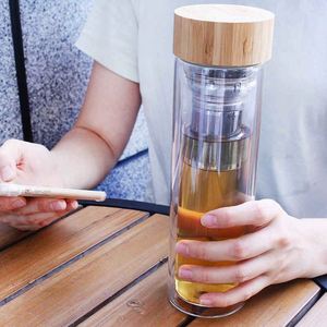 Double Wall Glass Tumbler With Bamboo Lid And <b>Tea</b> <b>Infuser</b> For Adults Travel Use Minimalist Design Screw-On Cap - Product Image 1