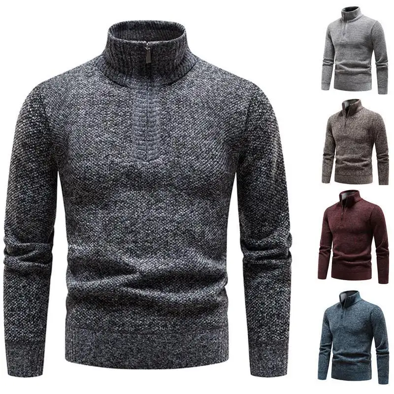Fashion Casual Long Sleeve Crew Stand Neck Pullover Knit Men Sweater thickening with Half Zipper