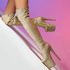 Botas largas de moda para club nocturno, zapatos de plataforma con cordones en la parte superior con purpurina, botas altas hasta el muslo occidentales para niñas - Product Image 5