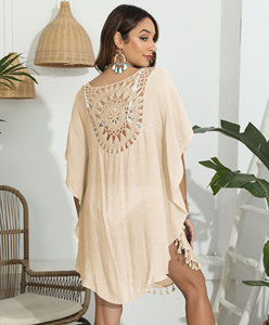Vente chaude usine femmes été plage couvrir couleur unie <span class=keywords><strong>maillot</strong></span> de bain Crochet plage couvrir robes évider glands vêtements de plage - Product Image 5