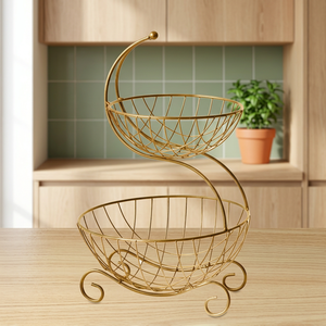Panier de rangement moderne à double niveau en métal, design fil doré, sur pied, pour salon - Product Image 6
