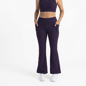 High Waist <b>Flared</b> Leg Yoga <b>Leggings</b> With Pockets Solid Color Full Length Spandex Polyester Four-Way Stretch Elastic Waist - Product Image 4