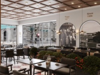 Vitrine de présentation pour boutique de desserts sur mesure, design d'intérieur complet pour magasin avec terrasse extérieure et comptoir de présentation en verre
