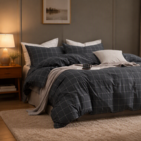 Couette personnalisée 100% coton Queen Gingham gris foncé, douce et respirante, en sergé avec 8 attaches d'angle intérieures, double couche, fabrication artisanale