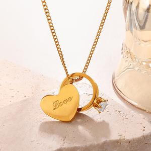 Collier et bague personnalisés en forme de cœur, plaqué or 18 carats, acier inoxydable, CZ, inscription 'Love', bijoux superposés <span class=keywords><strong>pour</strong></span> couples - Product Image 1