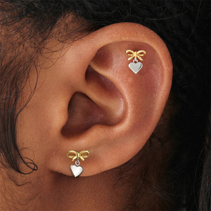 CANNER 2024 Boucles d'oreilles pendantes en argent S925 avec nœud papillon et cœur lisse, boucles d'oreilles clous en ruban doré, bijoux en gros - Product Image 4