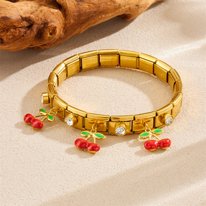 Fruit Series Gold Plated Bracelet With Strawberry Cherry Watermelon Avocado Charms Rhinestone Women's Jewelry Gift - Product Image 4